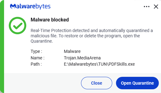 Malwarebytes blocks Trojan.MediaArena