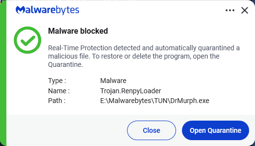 Malwarebytes blocks Trojan.RenpyLoader