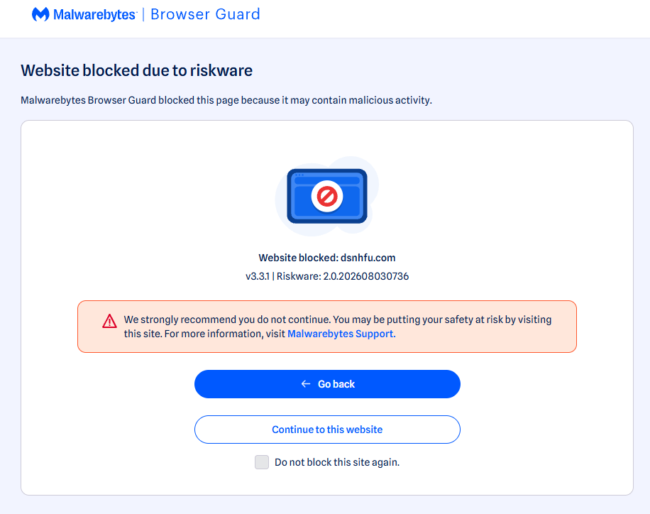 Malwarebytes blocks dsnhfu.com