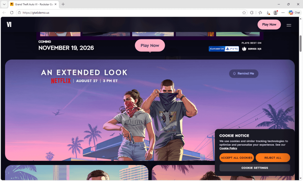 O site falso mistura informações genuínas sobre o lançamento de GTA 6 com uma opção falsa de "Jogar agora".