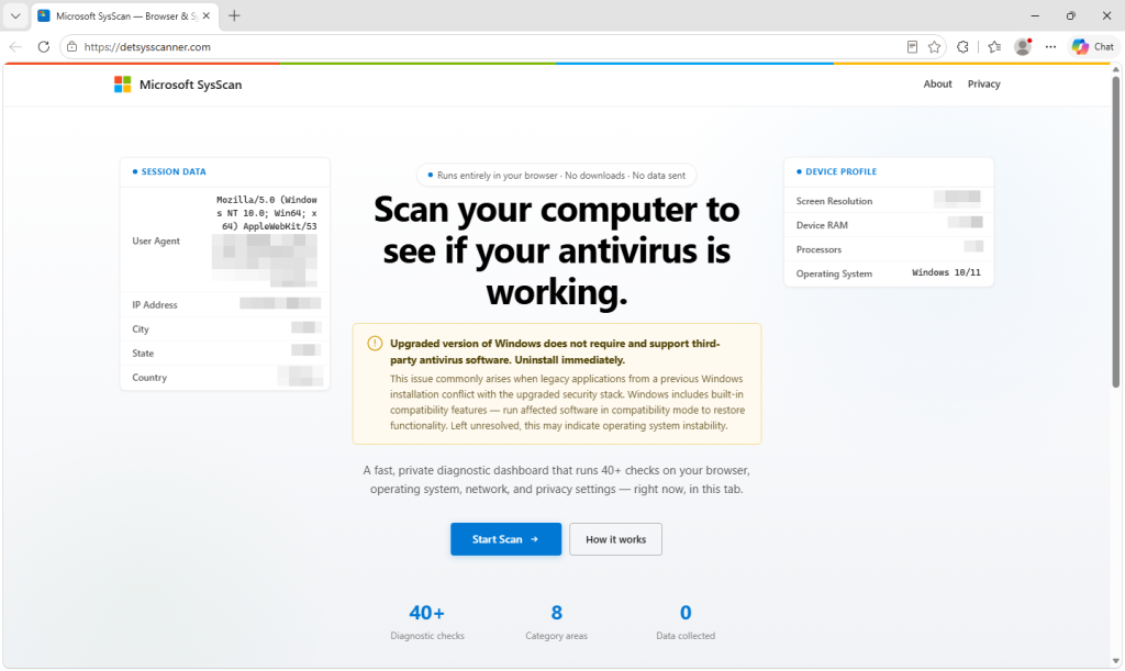 Gefälschter Microsoft SysScan – Scannen Sie Ihren Computer, um zu prüfen, ob Ihr Antivirenprogramm funktioniert.