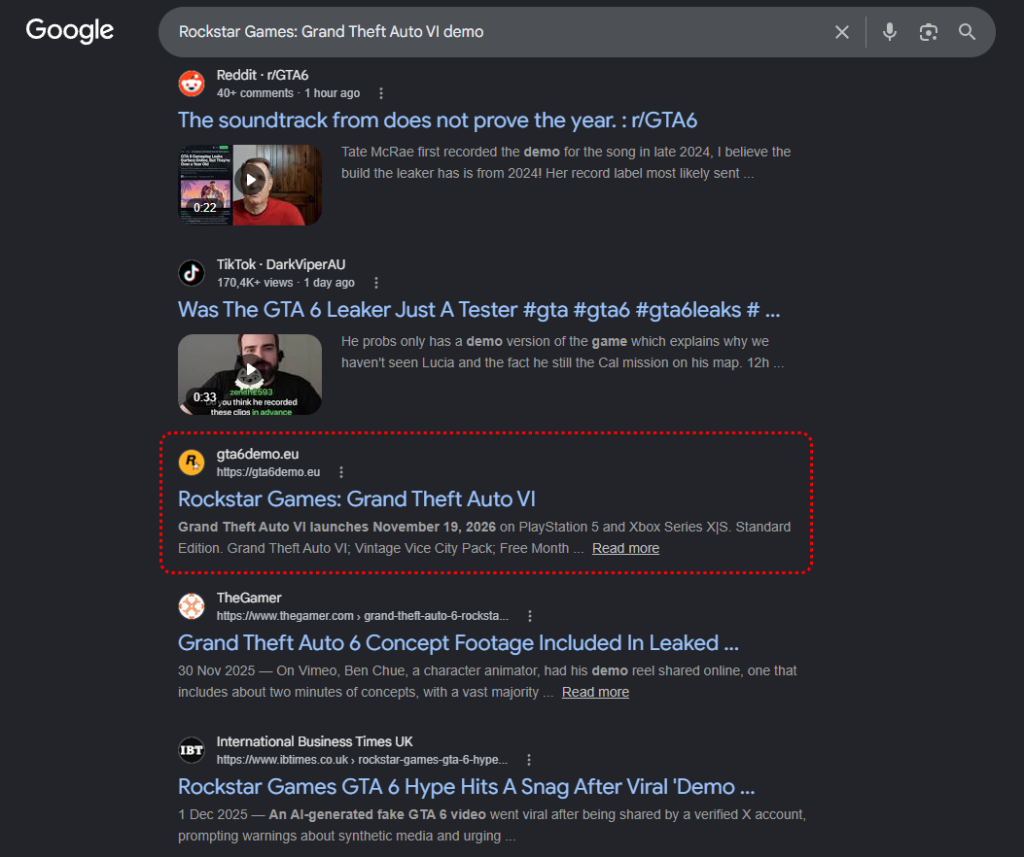 Um dos sites falsos de GTA 6 que aparecem nos resultados de busca do Google ao lado de conteúdo legítimo sobre GTA 6.