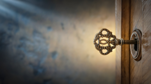 An old key in a lock on a door