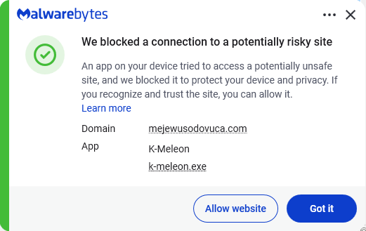 Malwarebytes blocks mejewusodovuca.com
