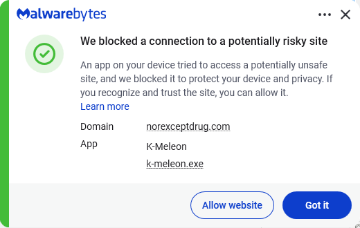 Malwarebytes blocks norexceptdrug.com