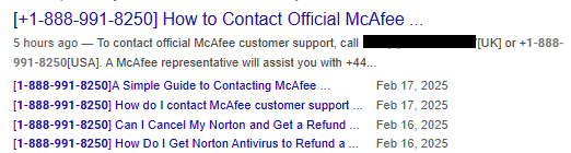 Same number for McAfee customer support and Norton