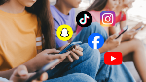 Kids on their phones with social media app icons