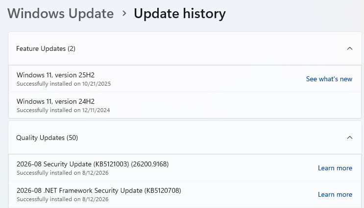 Windows update history - August 12, 2026