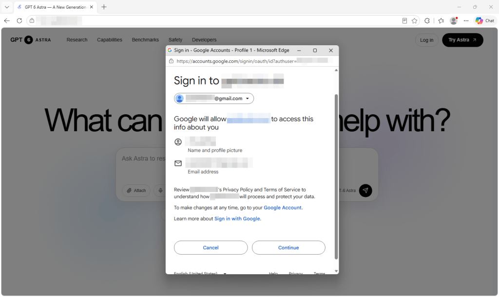 The Google consent screen shows GPT-6 Astra requesting a name, email address, and profile picture.