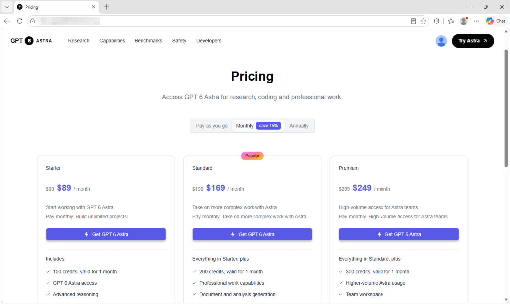 The fake GPT-6 Astra site offers plans costing $89, $169, or $249 a month.