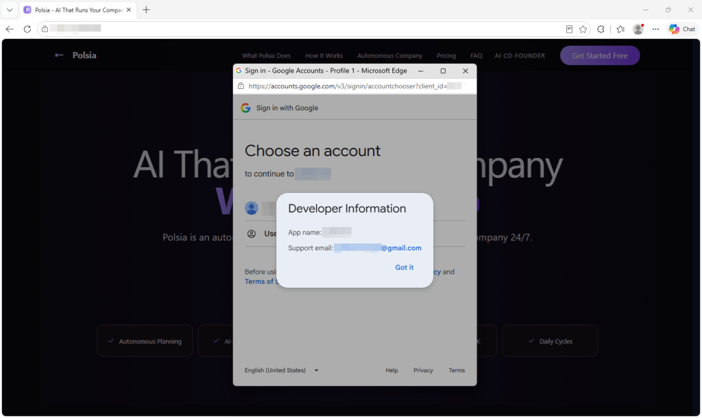 Google’s developer information shows a free Gmail support address behind one of the sites.