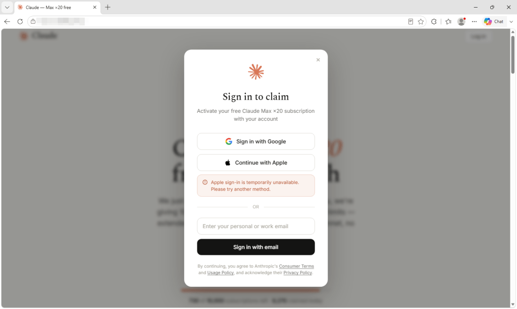 偽のサインインフォームは、Appleのサインインが利用できないと偽って、訪問者をGoogleに誘導する。