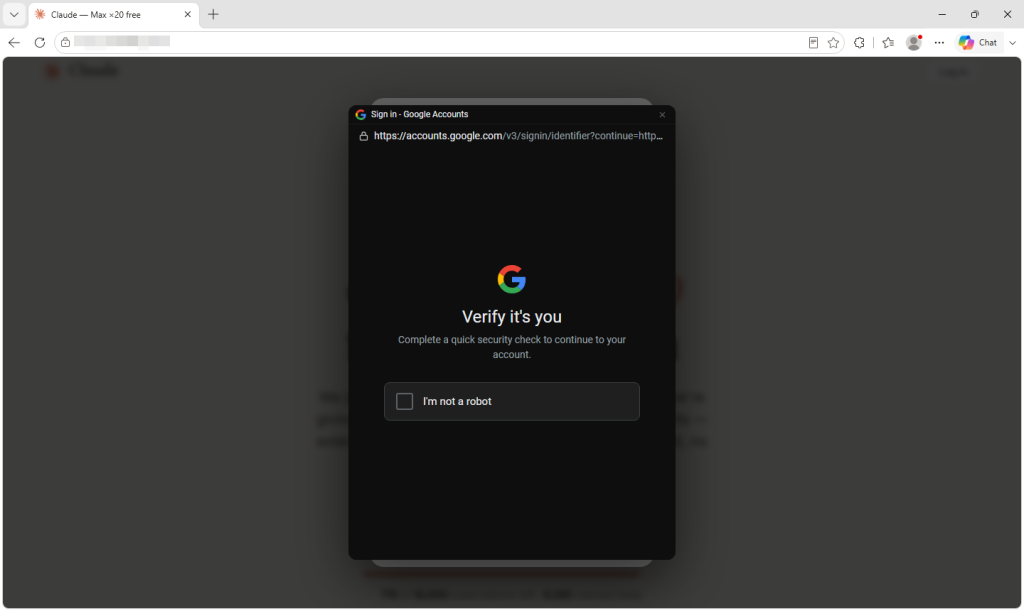 このページには、偽のアドレスバーと南京錠が付いた、偽のGoogle認証ウィンドウが表示されます。