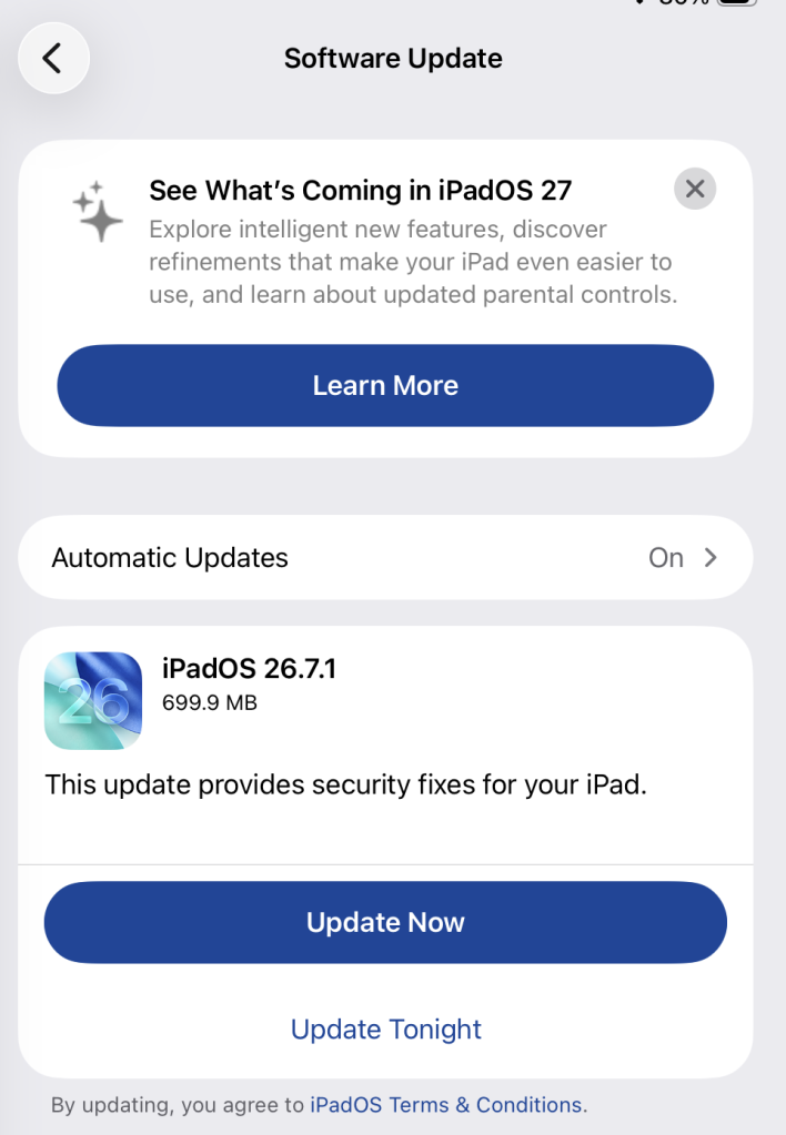 Available update options on iPad