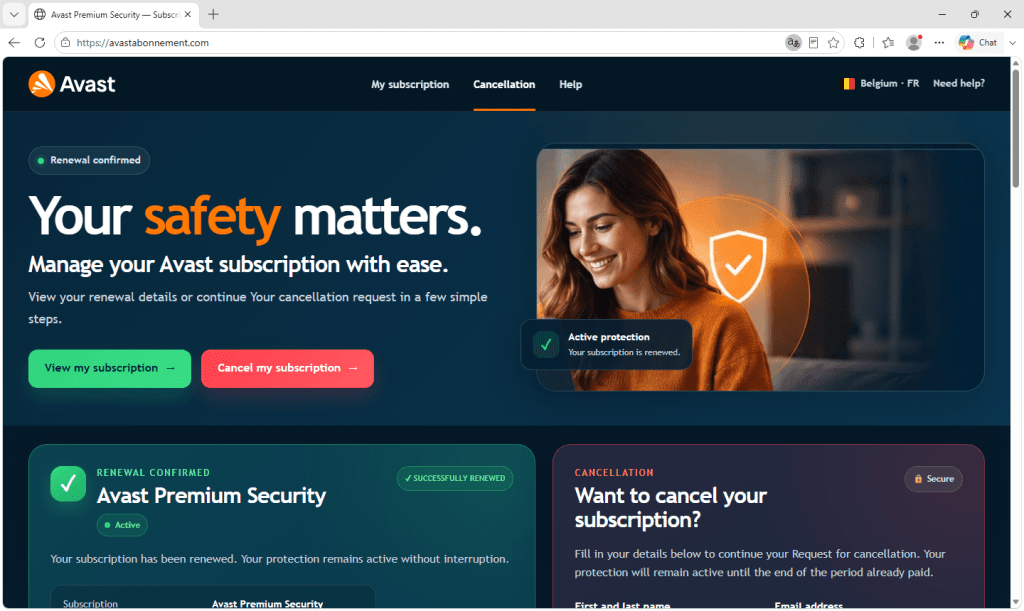 Un sito web falso di Avast utilizzato in una truffa per il rinnovo dell'abbonamento antivirus.