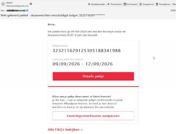 Un correo electrónico de phishing que se hace pasar por bpost, alegando que se deben pagar 4,95 € en concepto de derechos de aduana antes de que se pueda entregar un paquete.