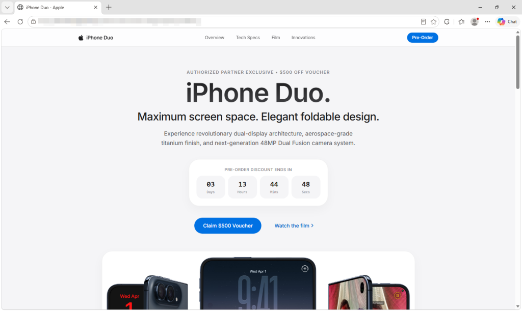 Fałszywa strona w stylu Apple oferuje kupon o wartości 500 dolarów i zbliżający się termin składania zamówień w przedsprzedaży.
