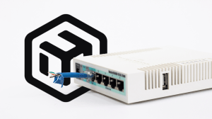 A MikroTik router and the MikroTik logo