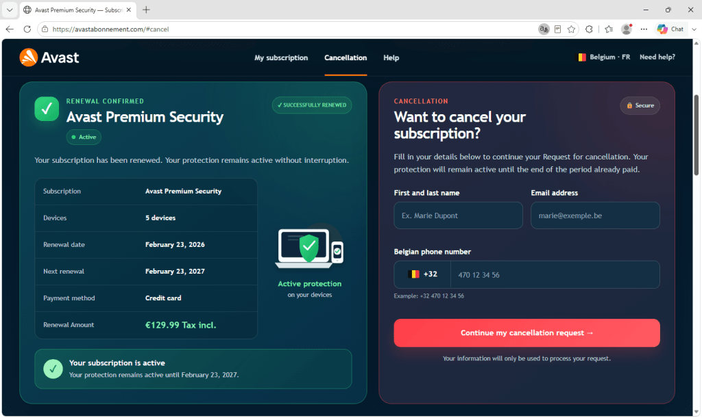 I dettagli dell'abbonamento e il modulo utilizzati nella truffa del rinnovo dell'antivirus