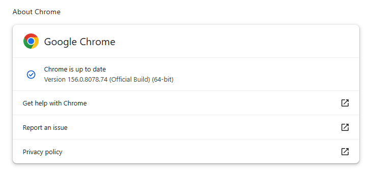 Chrome version 156.0.8078.74 is up to date
