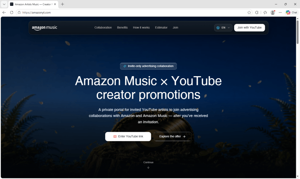 Fake Amazon Music x YouTube creator promotions website