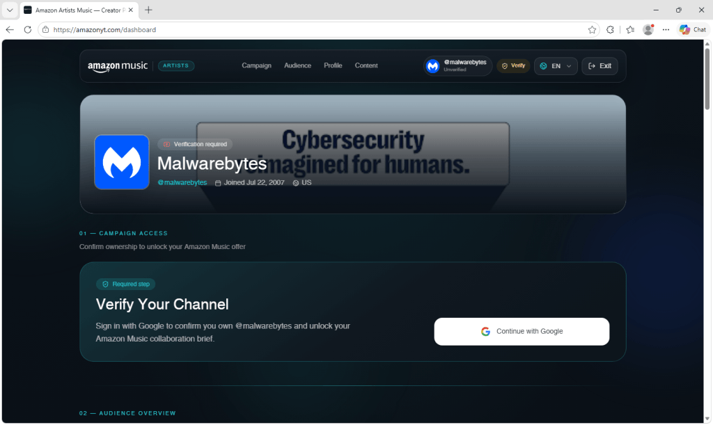 Fake Amazon Music x YouTube creator promotions website