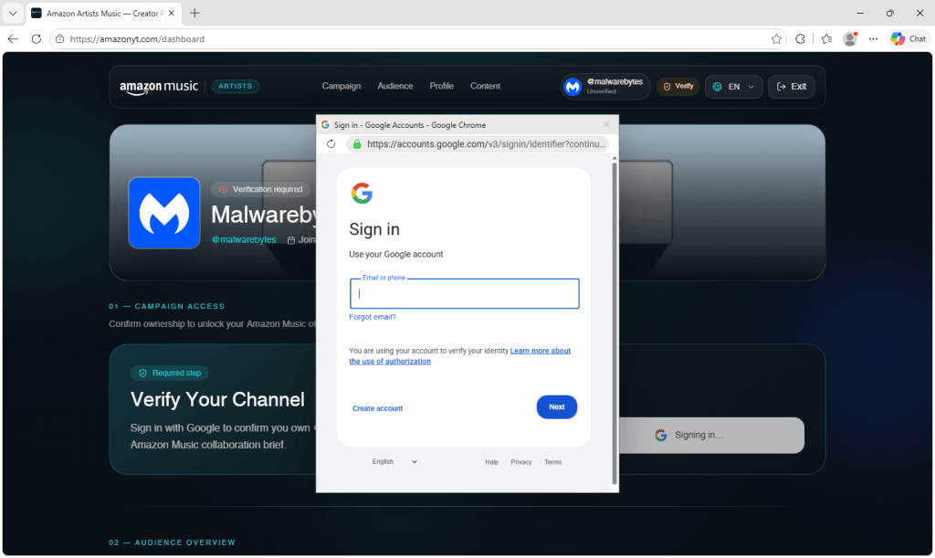 Fake Amazon Music x YouTube creator promotions website