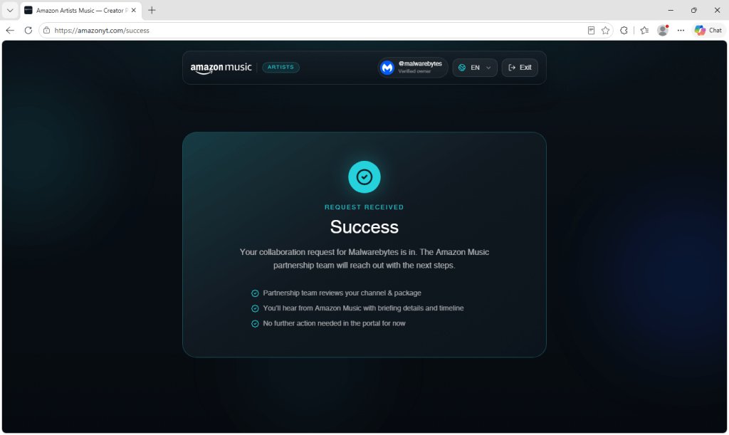 Fake Amazon Music x YouTube creator promotions website