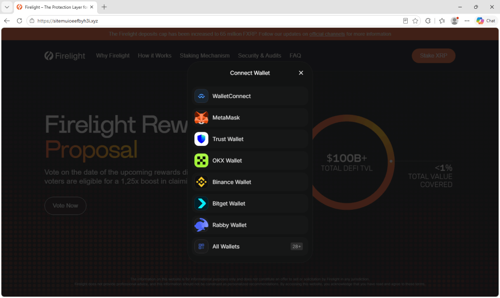 The Connect Wallet window on the Firelight scam site