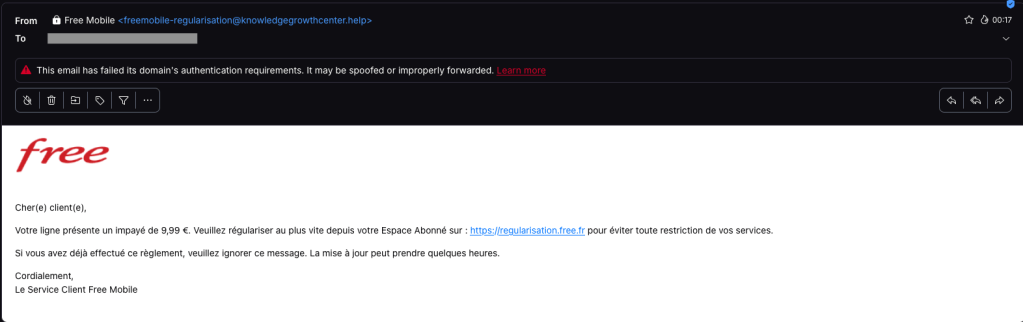 Free Mobile phishing email