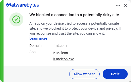 Malwarebytes blocks frnt.com